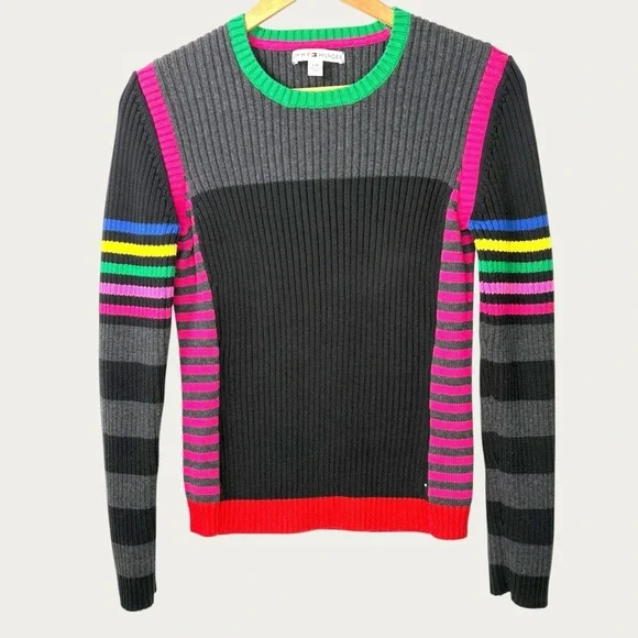 Tommy Hilfiger Japan Sweater L, Stripe Rings, rib knit, Y2K Shrunken Logo, 2000s - Picture 14 of 14